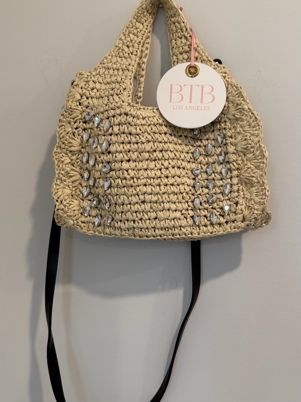 BTB Los Angeles Cream Crochet Tote with Crystal Accents